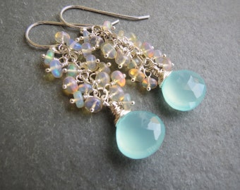 Welo Opal, Aqua Blue Calcedon, kandelaar oorbellen, hart briolette, sterling zilver 925, natuursteen van oktober
