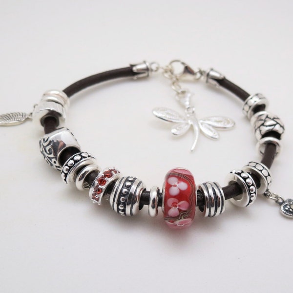 VENTE !...Bracelet à breloques, argent sterling, bracelet cuir brun style Européen, rouge, perle verre Murano, anneau CZ cristal, coeur