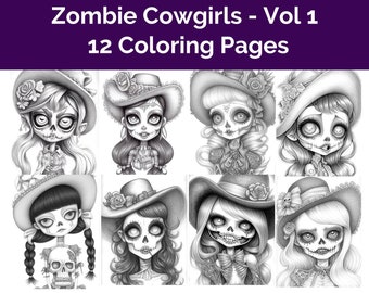 Creepy Chibis - Zombie Cowgirls Vol 1 - grayscale coloring book printable for download, 2 PDF files