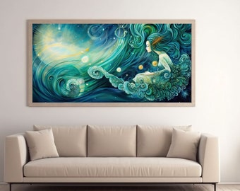 Celestial Woman in Blue and Green - High-Resolution AI Generated Printable Art File - 1 JPG File
