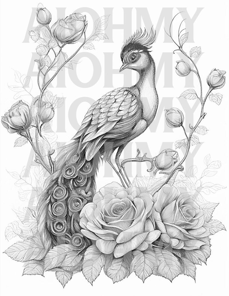 Peacock Coloring Page Printable Adult Coloring Page Book Instant