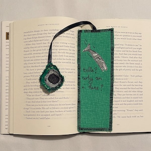 Galactic Adventure Bookmark, Douglas Adams&#39; Sperm Whale, Unique Fabric Gift for Readers, Bookworm Present