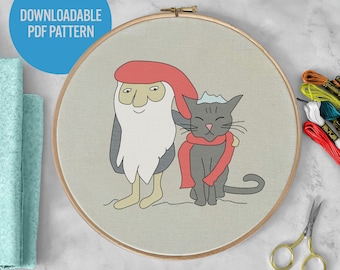 PDF Hand Embroidery Pattern – Tomten and Cat Illustration, Scandinavian Decor