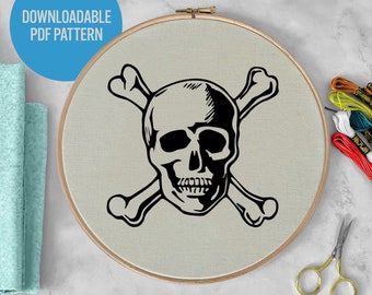 PDF Hand Embroidery Pattern – Skull and Bones Design, Instant Download