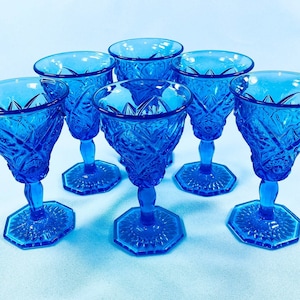 Water goblets, Set of 6 Cosmos Antique Blue by Imperial Glass-Ohio, Pressed Glass, stemware, elegant blue glasses, weddings, gift