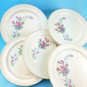 Roses by Taylor Smith & Taylor, luncheon plates, Set of five, 9.25 inch, pink and lavender flowers, replacements, wedding dishes
