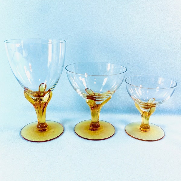Set of THREE  310 Amber Goblets by Seneca, stemmed goblets, gold glass ware, replacements