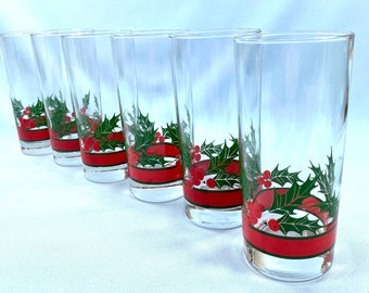 Set of 6 (SIX) Christmas glasses, Holly and Berries Drinking glasses, Bar Ware, highball glasses, holiday red and green, gift