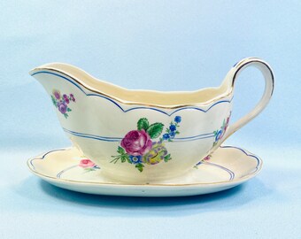 Grindley England Sauciere, befestigter Unterteller, cremefarbene Rose und Blumenmuster, Sauciere, Sauciere, Geschenk