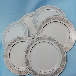 Seyei salad plates, Set of 6 (SIX) Brilliant pattern, Fine China, White with Platinum trim,  7 1/2 inches diameter, wedding china, gift