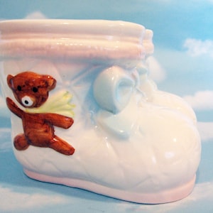 Planter, Ceramic Baby Booties, Pink, Blue,White, teddy bears, Vintage, baby nursery decor