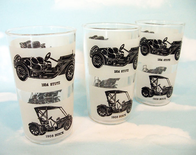 Antique Car Drinking Glasses, Tumblers, Bar Ware, Man Cave, Set of 3