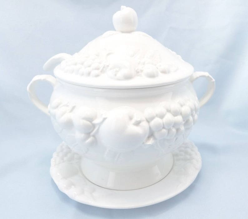 White Covered Tureen with Lid Ladle & Under plate SIG7 by Etsy