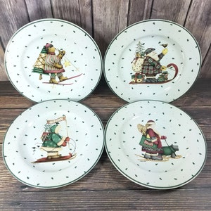 Sledding Characters, Set of 4, salad, dessert plates by Sakura, Debbie Mumm, Christmas, winter, Holiday party, replacements, dishes