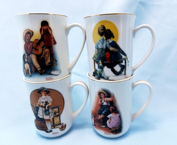 Norman Rockwell Mugs, Set of 4, Coffee Cups, Tea Cups, Hot Chocolate Cups,  Made in Japan 