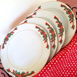 4 Dinner Plates, China, Poinsettia and Ribbons, 10.5 inch diameter, Christmas, Holiday dishes