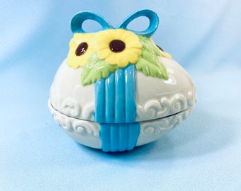 Ceramic Egg, blue ribbon and yellow flowers on white egg, Easter Egg