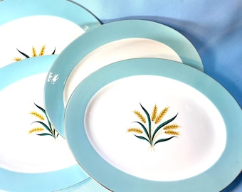 4 turquoise wheat oval platters by International D.S. Co VIKING U.S.A. mid century