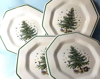 Dinerborden Nikko Christmastime, set van 4 (VIER) achthoekige schalen, kerstservies, gemaakt in Japan, vervangingen, cadeau