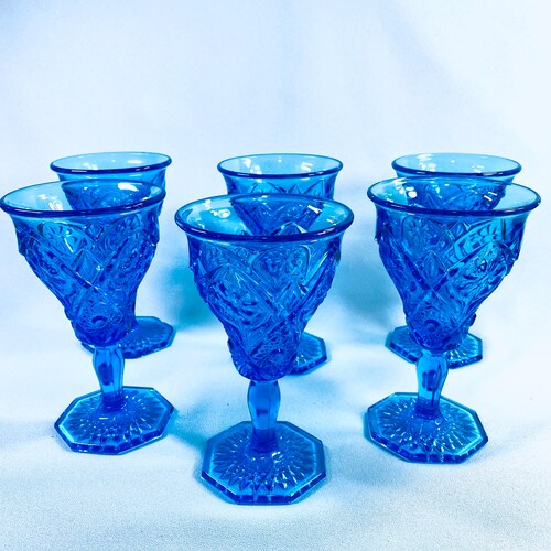 Set of 6 Cosmos Antique shops Blue water goblets by Imperial Glass-Ohio, Pressed Glass, stemware, elegant blue glasses, weddings, gift