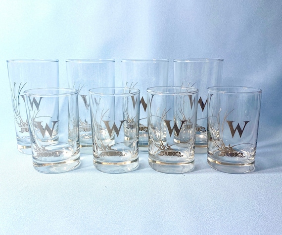 Set of 8 Monogram W Drinking Glasses, Juice, Shot, Whiskey, Vintage Glasses,  Retro Bar Ware, Clear With Initial w in Silver 