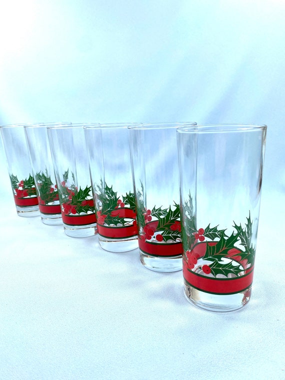 Set of 6 SIX Christmas Glasses, Holly and Berries Drinking Glasses, Bar  Ware, Highball Glasses, Holiday Red and Green, Gift 