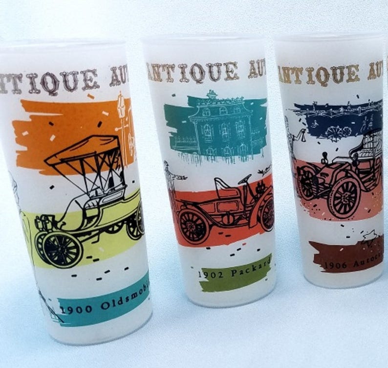 Tumblers Set of 6 Antique Cars Frosted glasses Tom Collins | Etsy