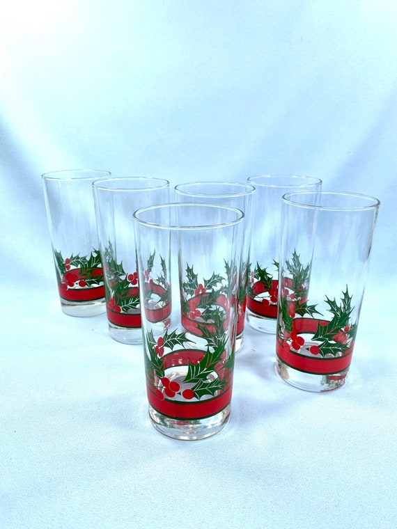 Set of 6 SIX Christmas Glasses, Holly and Berries Drinking Glasses, Bar  Ware, Highball Glasses, Holiday Red and Green, Gift 