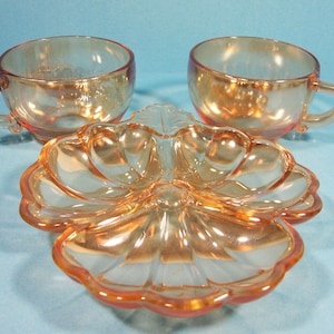 Jeanette Marigold Carnival Glass Pair of Cups  Moderne Iridescent Tea or Punch Cups and three section candy dish