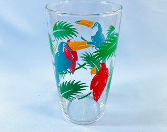 Large 24 oz vintage Drinking Glass, Tropical leaves and birds colorful pattern, vase, gift