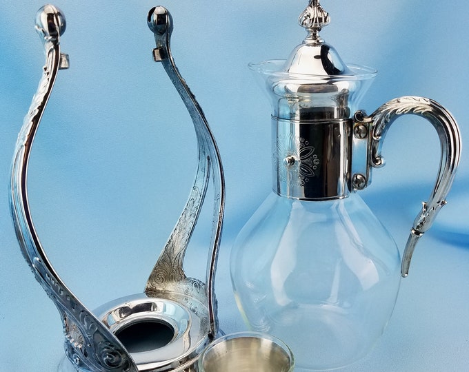 Tilting Coffee Carafe on Stand With Warmer, Ornate Glass and Silver ...