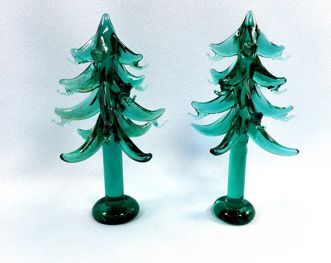 Green Glass Christmas Trees, Set of Two Small Blown Glass Evergreen Pine Trees, Figurines