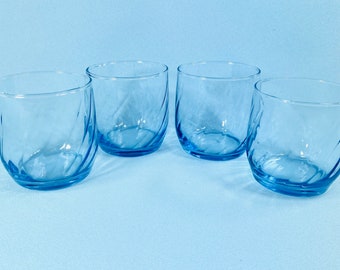 Set of 4 blue swirled, drinking glasses, bar ware, whiskey, juice glasses