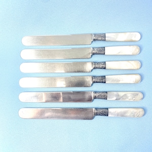 Vintage Mother of Pearl Handle Knives - Silver Plate Floral Bolster, Set of 6