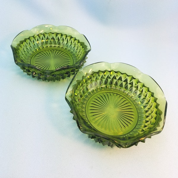 Indiana Glass Diamond Point green bowls, under plates