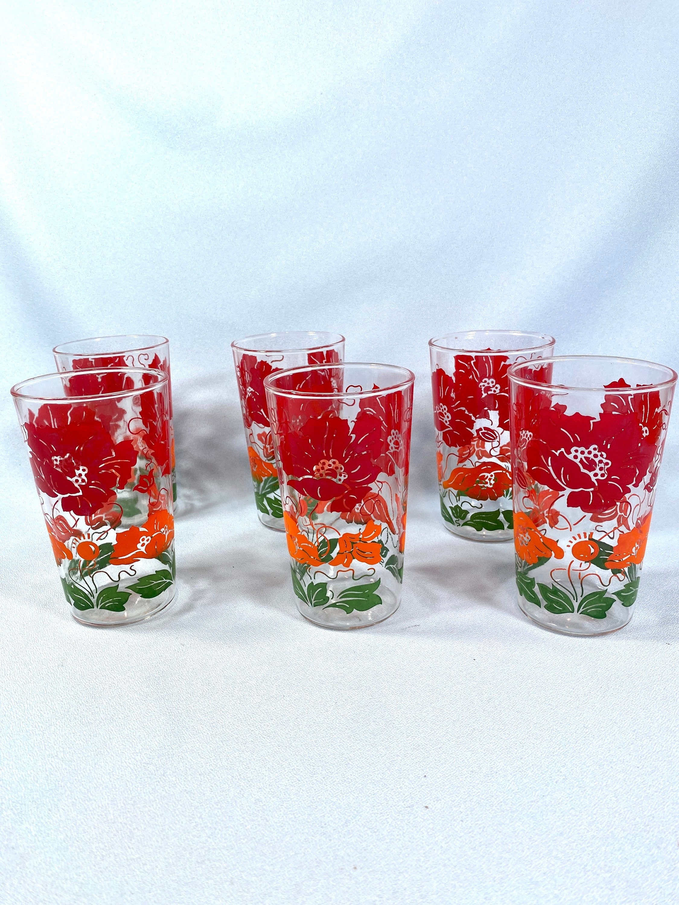 Vtg. Clear Glass-Red/Green Lines-Heavy Duty Tumblers/Drinking
