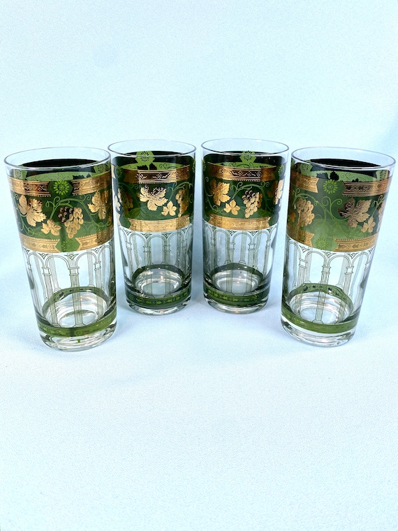 Golden Grapes Green by Cera Glass, Highball Glasses, Set of 4, Green and  Gold Tumblers, Retro, Vintage Bar Ware 