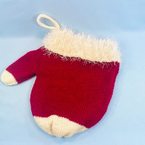 Large Christmas Mitten for use as a gift bag or a  “stocking” to hang for the Christmas holiday, hand knit red and white