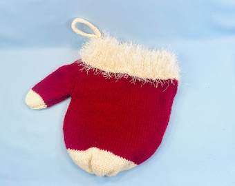 Large Christmas Mitten for use as a gift bag or a  “stocking” to hang for the Christmas holiday, hand knit red and white