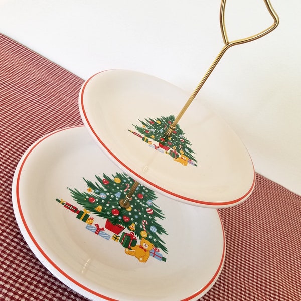 Two Tier Christmas Tree Tray,  Party tray, tidbit tray. cookie server, made in Japan, white with red trim, green trees, gifts and holly
