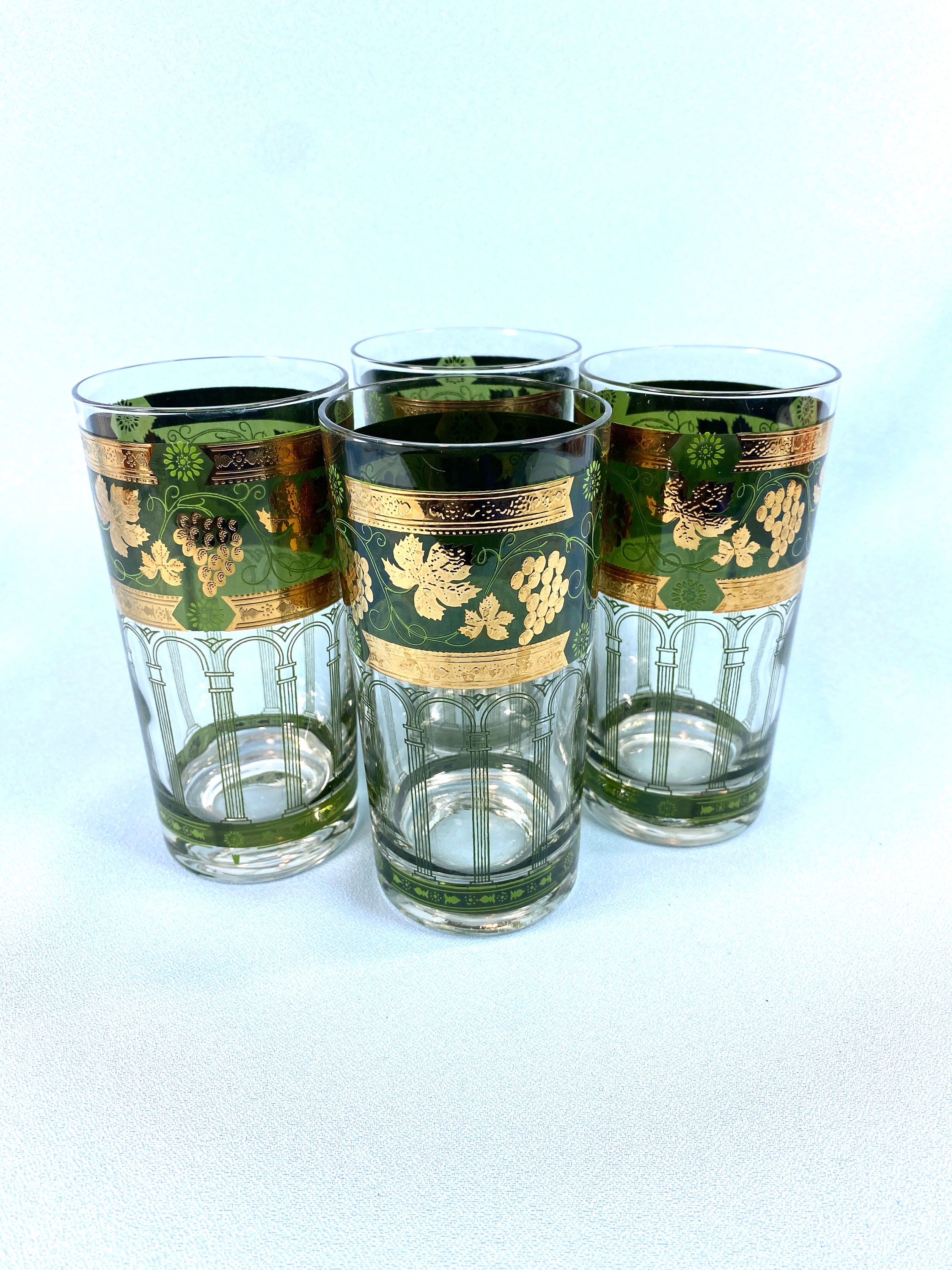 Golden Grapes Green by Cera Glass, Highball Glasses, Set of 4, Green and  Gold Tumblers, Retro, Vintage Bar Ware 