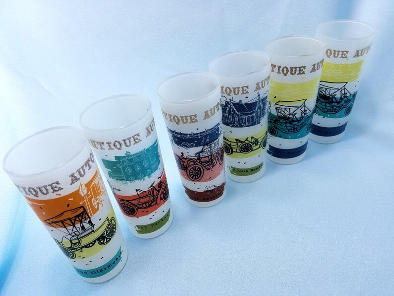 Tumblers Set of 6 Antique Cars Frosted glasses Tom Collins | Etsy