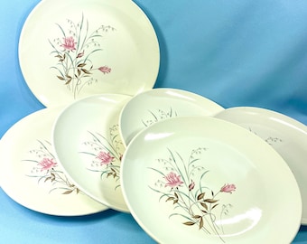 Set of 6 ROSE dinner plates by Stetson, Pink Flowers, aqua gray leaves, retro dishes, cottage chic.