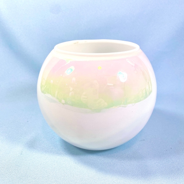 Cambrigde glass globe vase, white iridescent, white opalescent glass