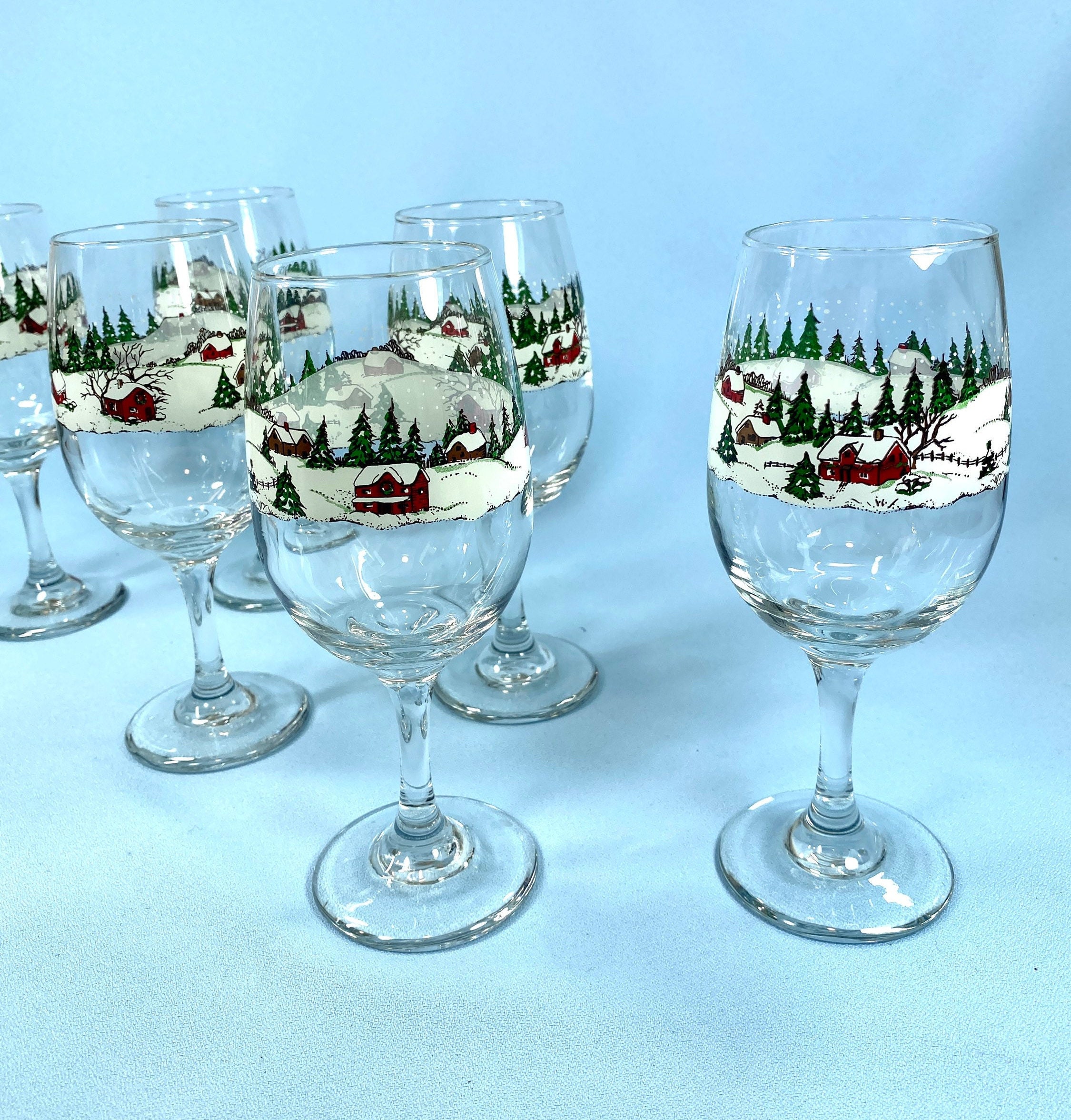 Set of 4 four Libbey Winter Village Christmas WATER GOBLETS or