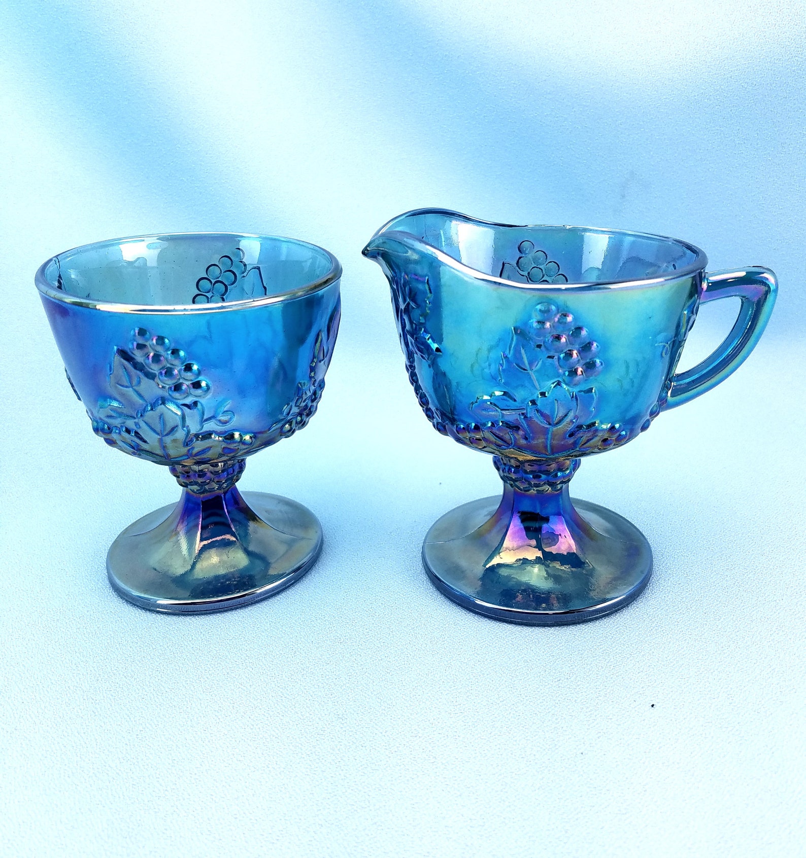 Blue Carnival Glass Sugar Creamer Set Gift Etsy