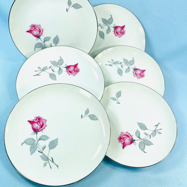 Zylstra Rose salad Plates, USA midcentury fine china, pink roses, gray leaves, silver trim, set of 6 dishes, photo props