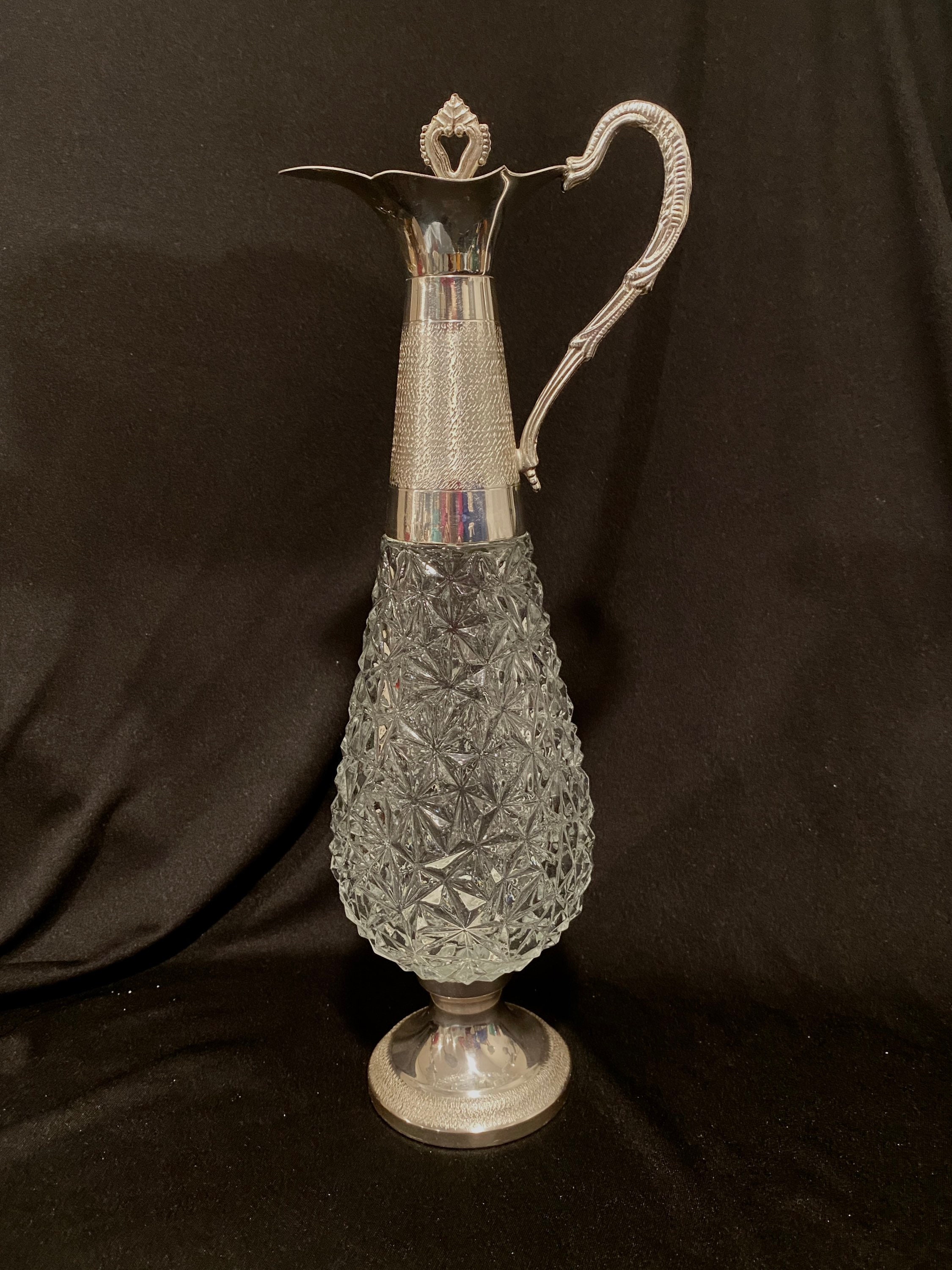 Vintage Italian Pitcher With Silver Plated Pour Spout and Handle on Molded  Glass Base