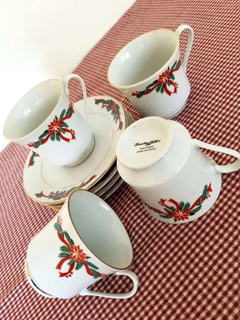 Poinsettia and Ribbons 4 Tea Cups and Saucers Christmas tea Etsy