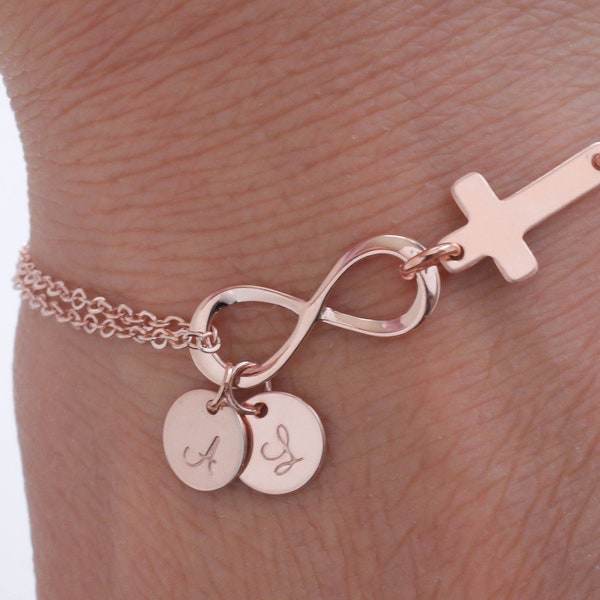 Personalized Infinity Bracelet. Initials Rose Gold Bracelet. Infinity Cross Bracelet. Birthday, Mom,Sister,Bridesmaid Gift.